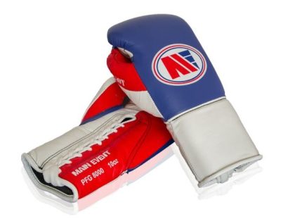 Main Event Boxing Patriot Pro Fight Leather Gloves Lace Up PFG 8000 Blue with Red and White